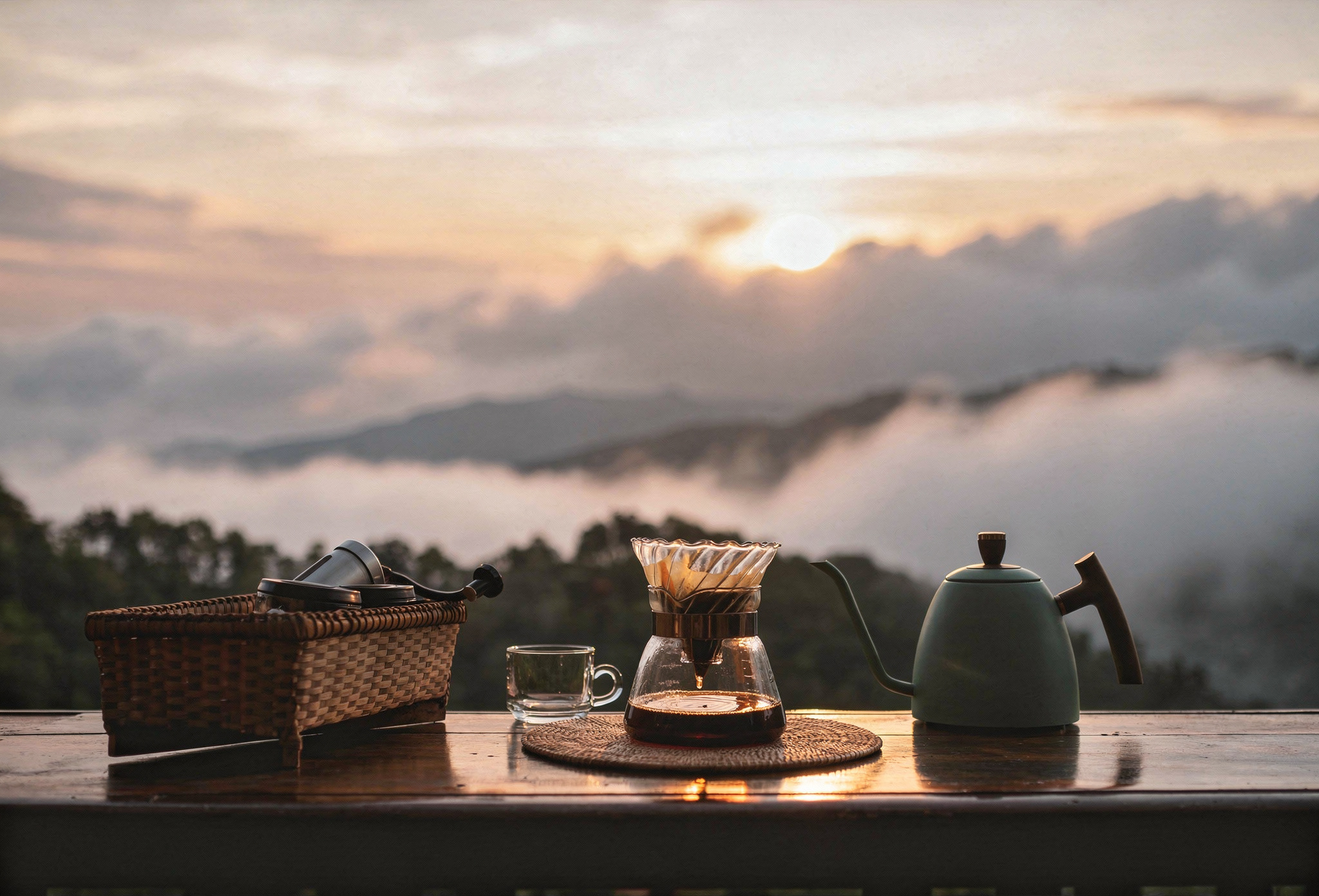Specialty coffee brewing setup at high altitude, gooseneck kettle and pour-over on a wooden table, Orient Retro Dubai
