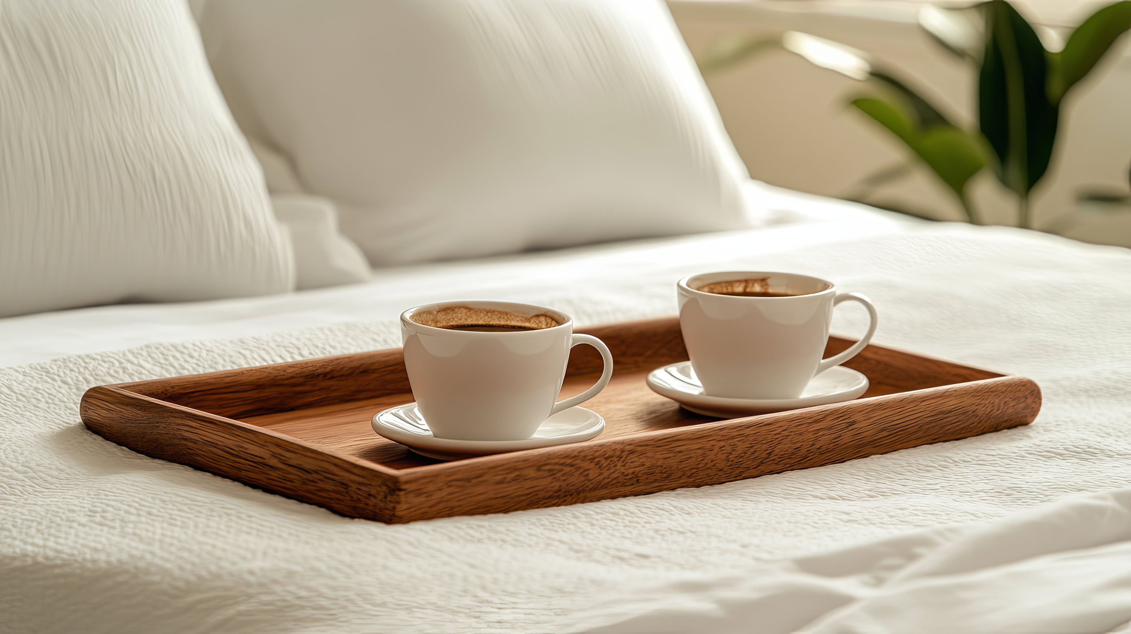 Two white coffee cups on a wooden tray with a blurred background of a bed and pillows.